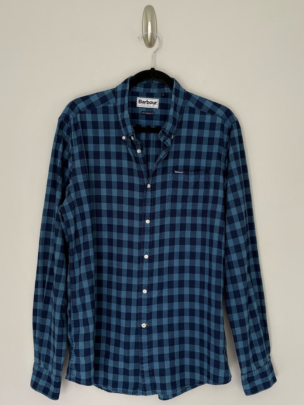 Barbour Owens Shirt Men's Blue Indigo Plaid Cotton Tailored Fit Button Down M